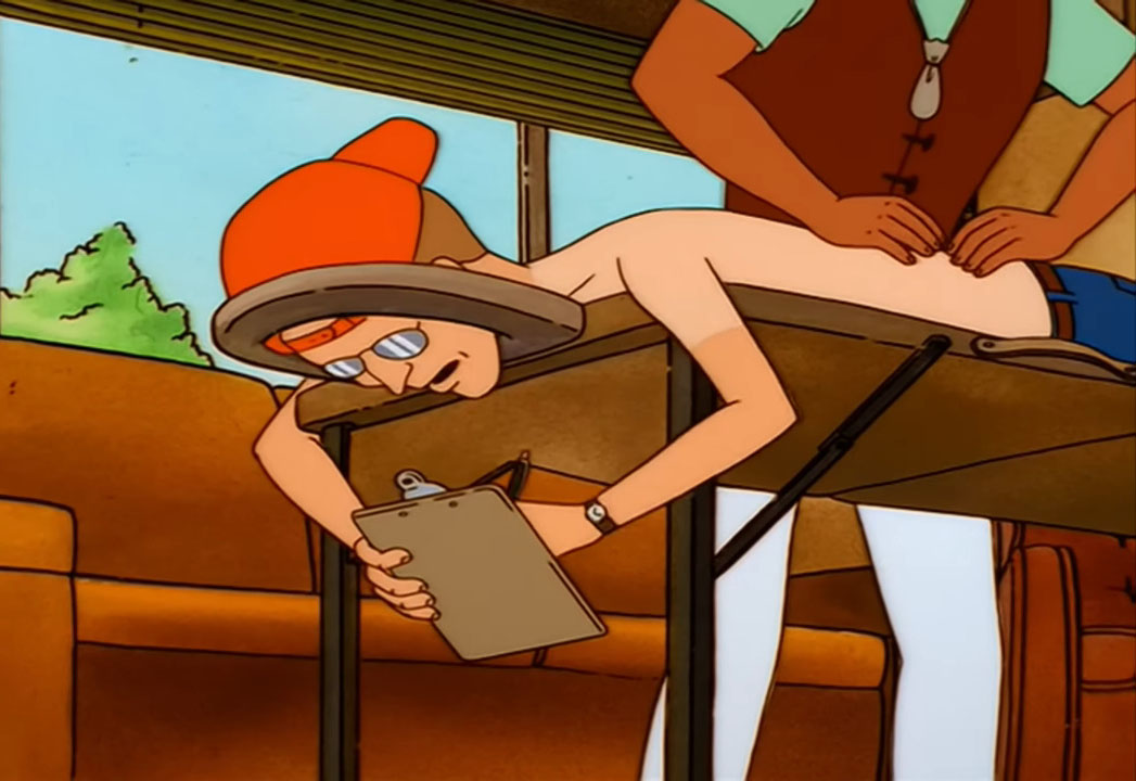 Dale Gribble signing forms while John Redcorn massages him